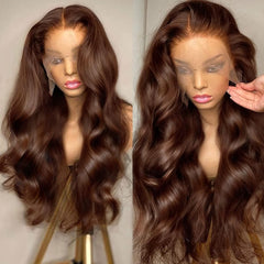 Gusif front view chocolate brown wig showing full body wave and natural shine