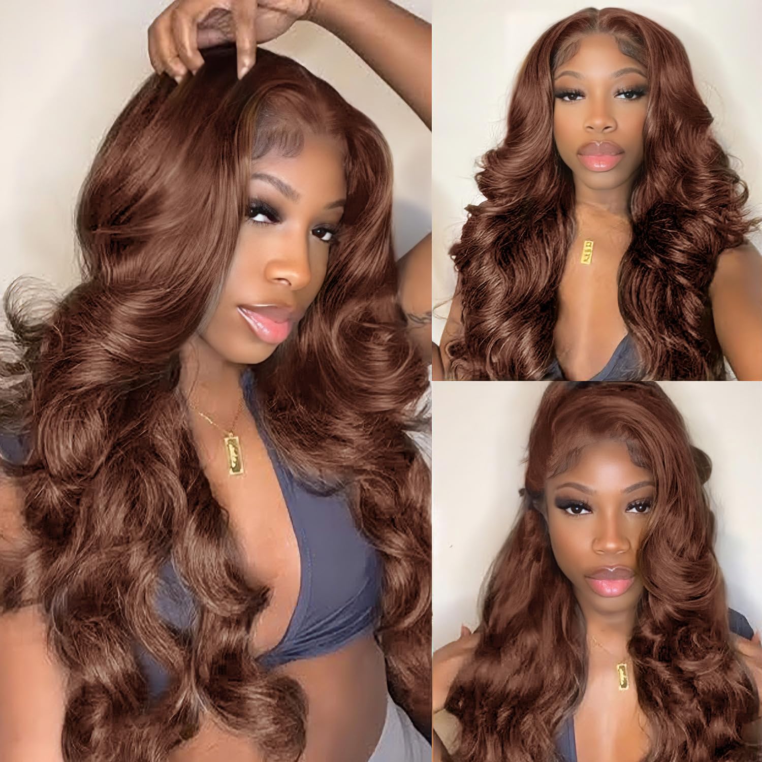 Gusif model wearing brown body wave wig showcasing styled, wearable look