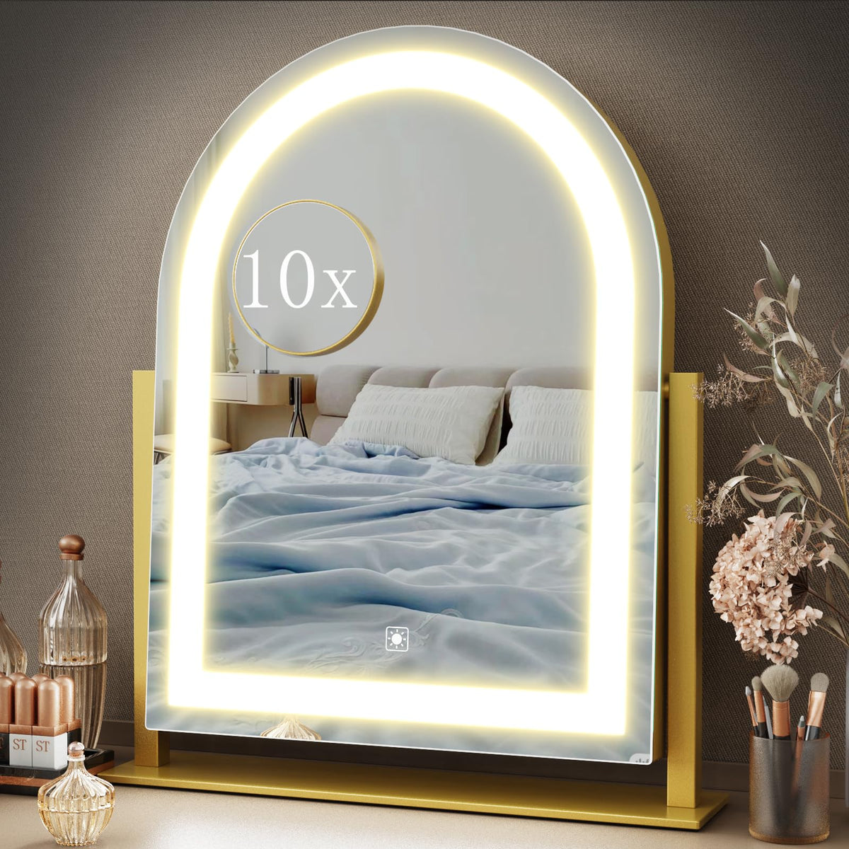 Gvnkvn front view showing arched LED mirror and bright even lighting benefit