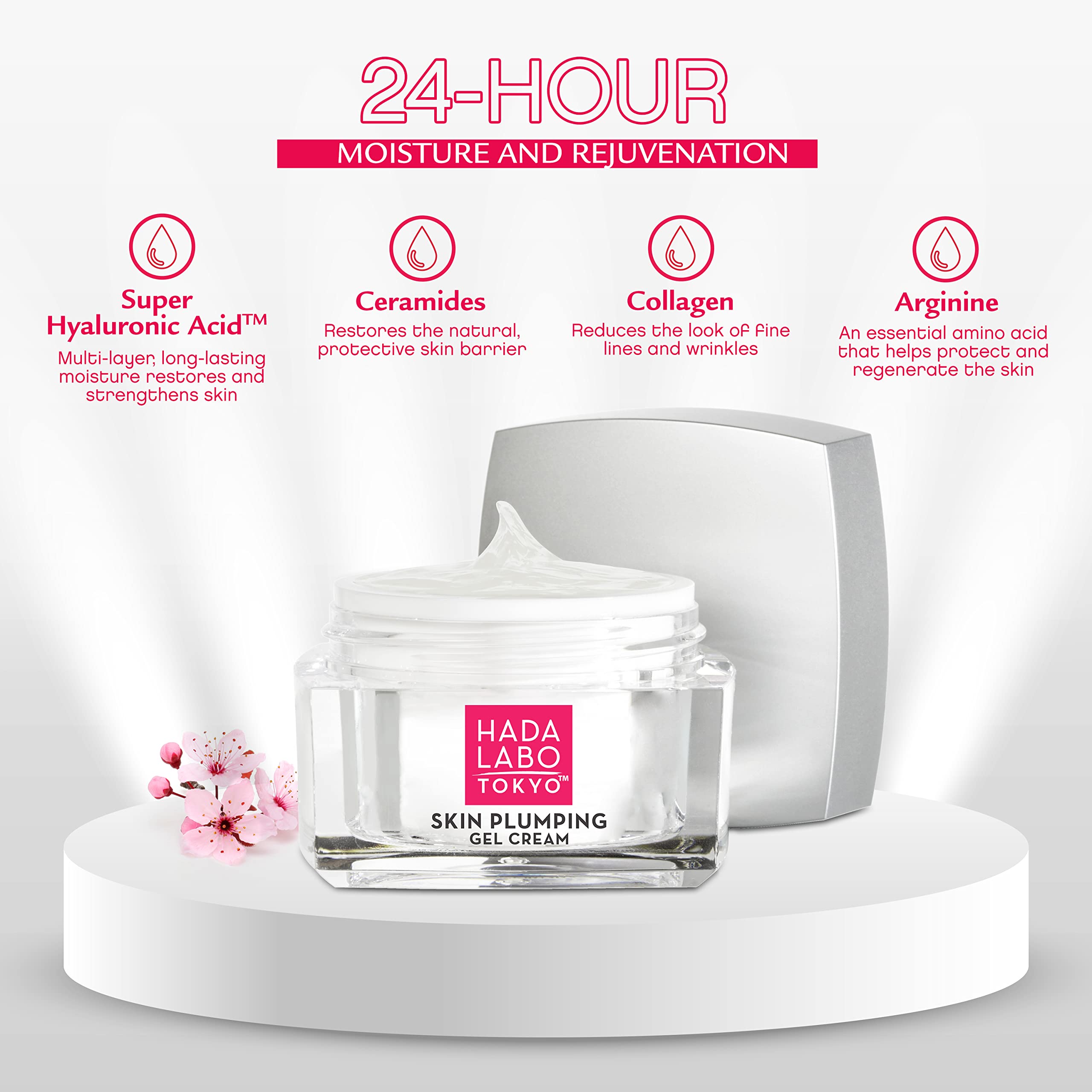 Close-up of label listing Super Hyaluronic Acid, ceramides, collagen benefits
