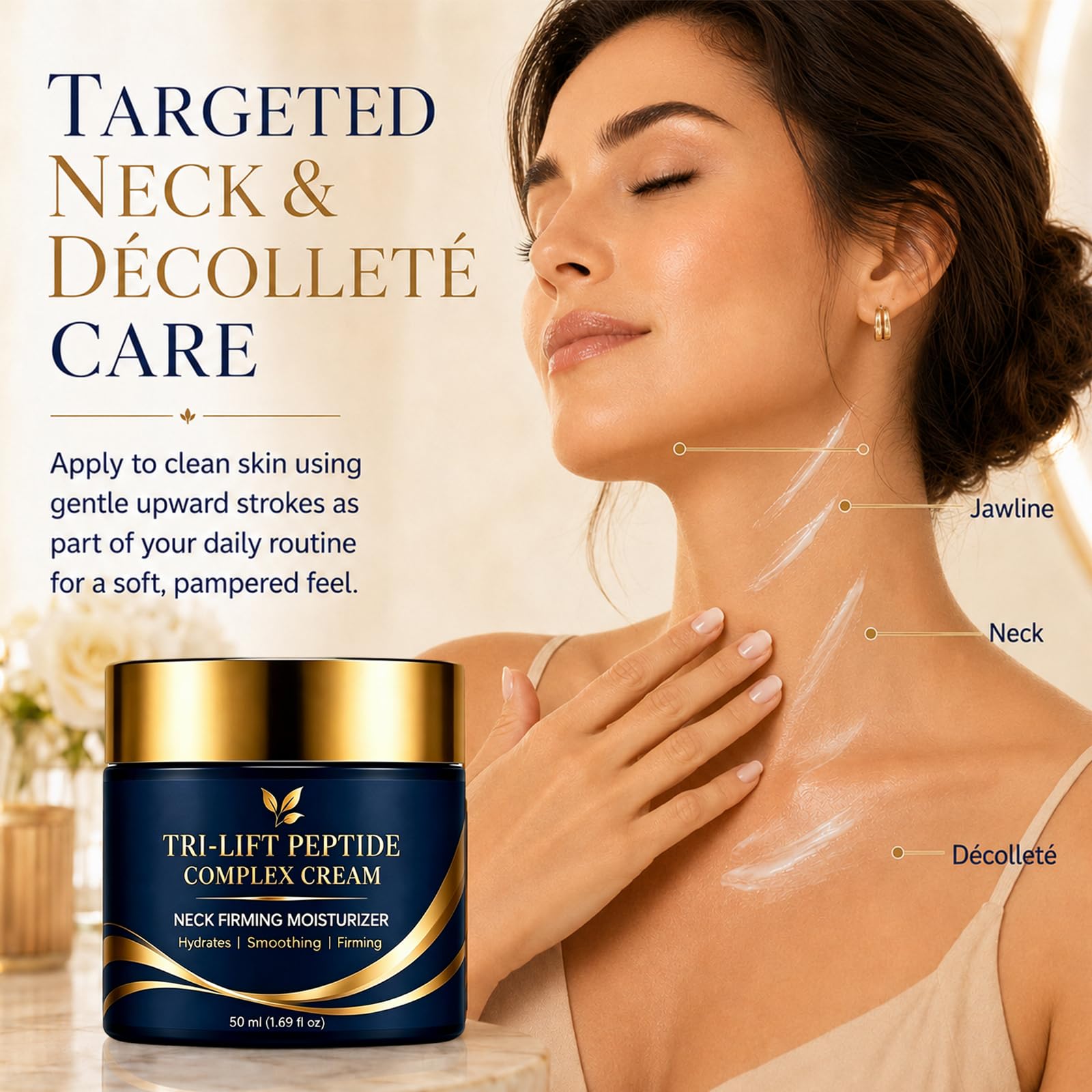 Haigou applied to neck showing smoothing and hydrating benefit