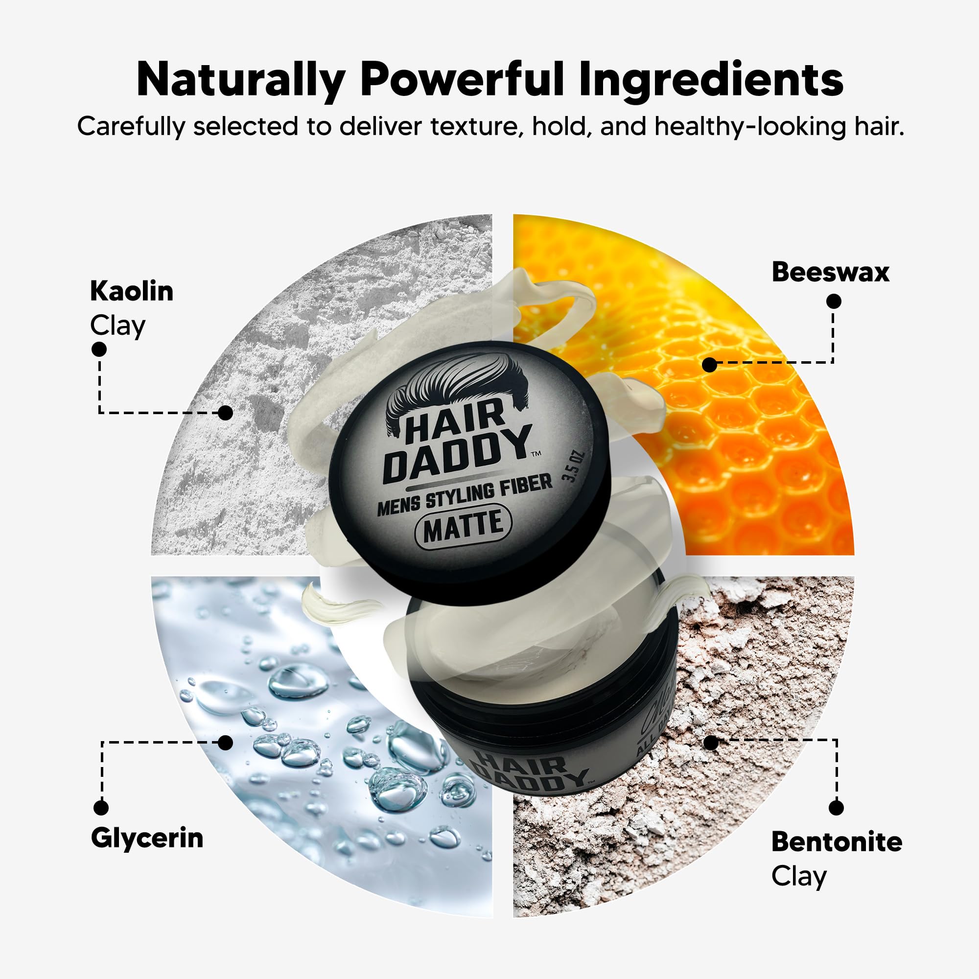 HAIR DADDY label closeup highlighting ingredients and clear instructions benefit