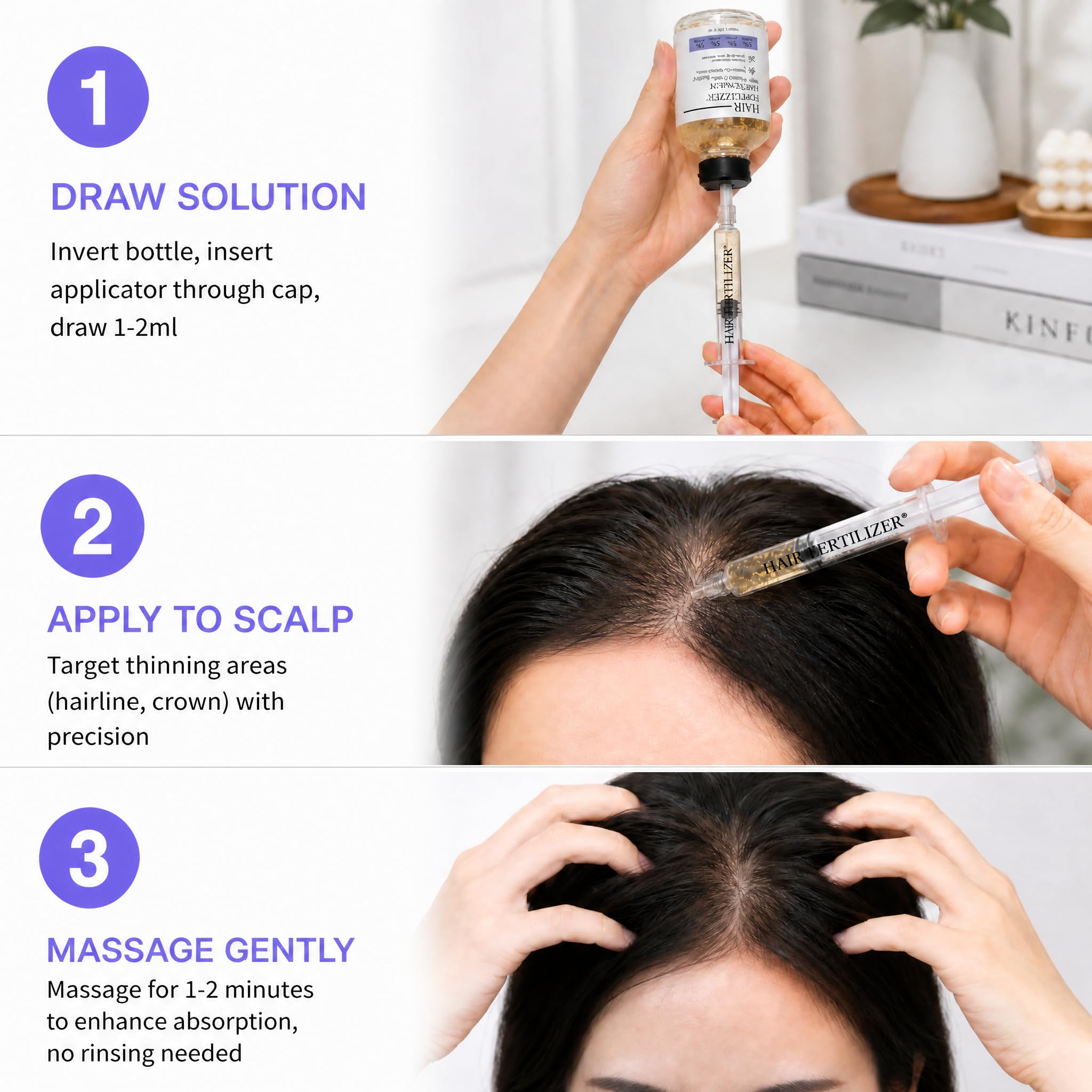 HAIR FERTILIZER being applied to scalp showing targeted use benefit