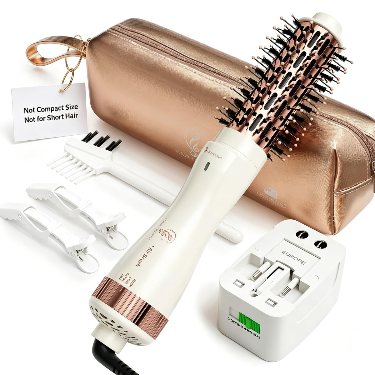 Hair Trends front view of hot air brush showing barrel and handle, effortless styling benefit