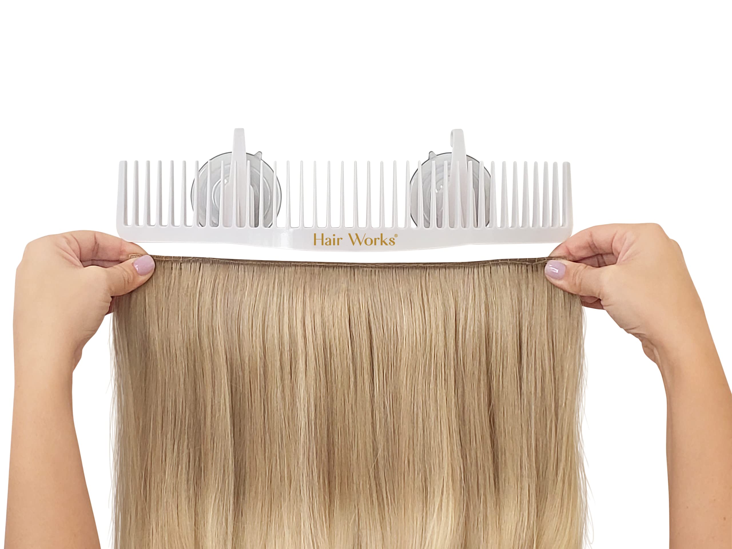 Hair Works ULTRA holding wet extensions during washing to prevent tangling and maintain shape