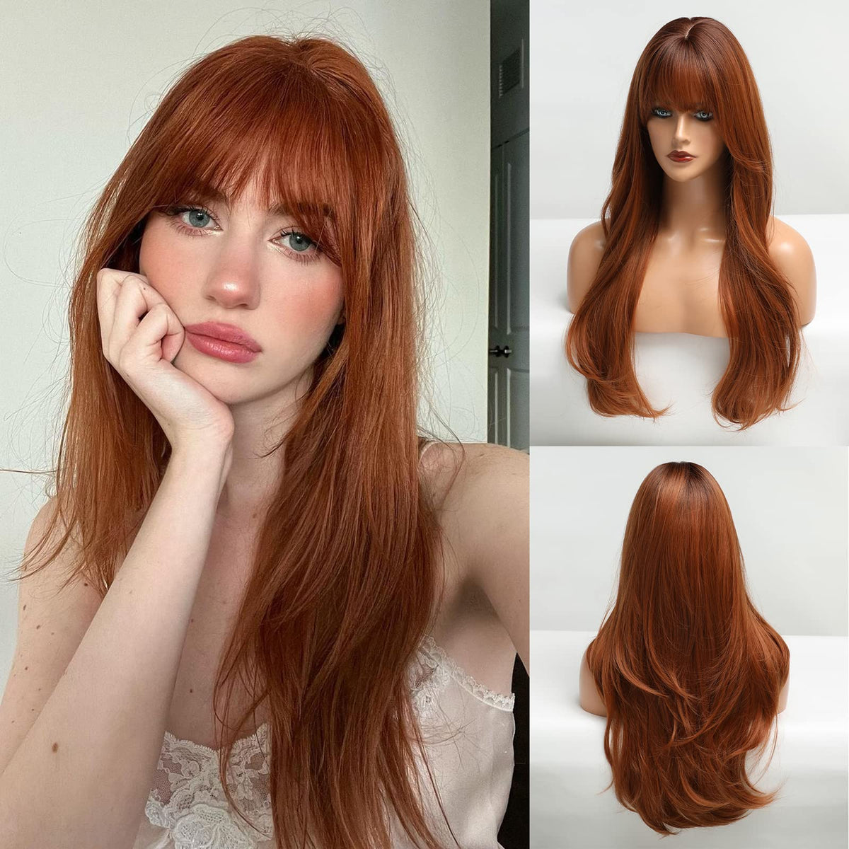 HAIRCUBE front view long auburn wig showing natural curls and flattering silhouette