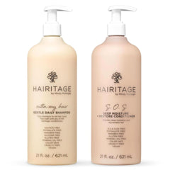 Hairitage front packaging showing two 21oz bottles and benefits