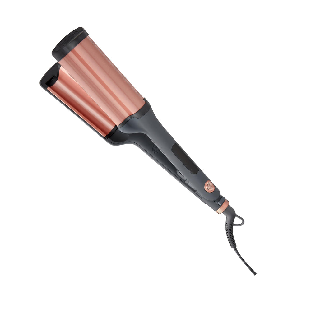 Hairitage front view pink barrel waver showing three-barrel design for quick waves