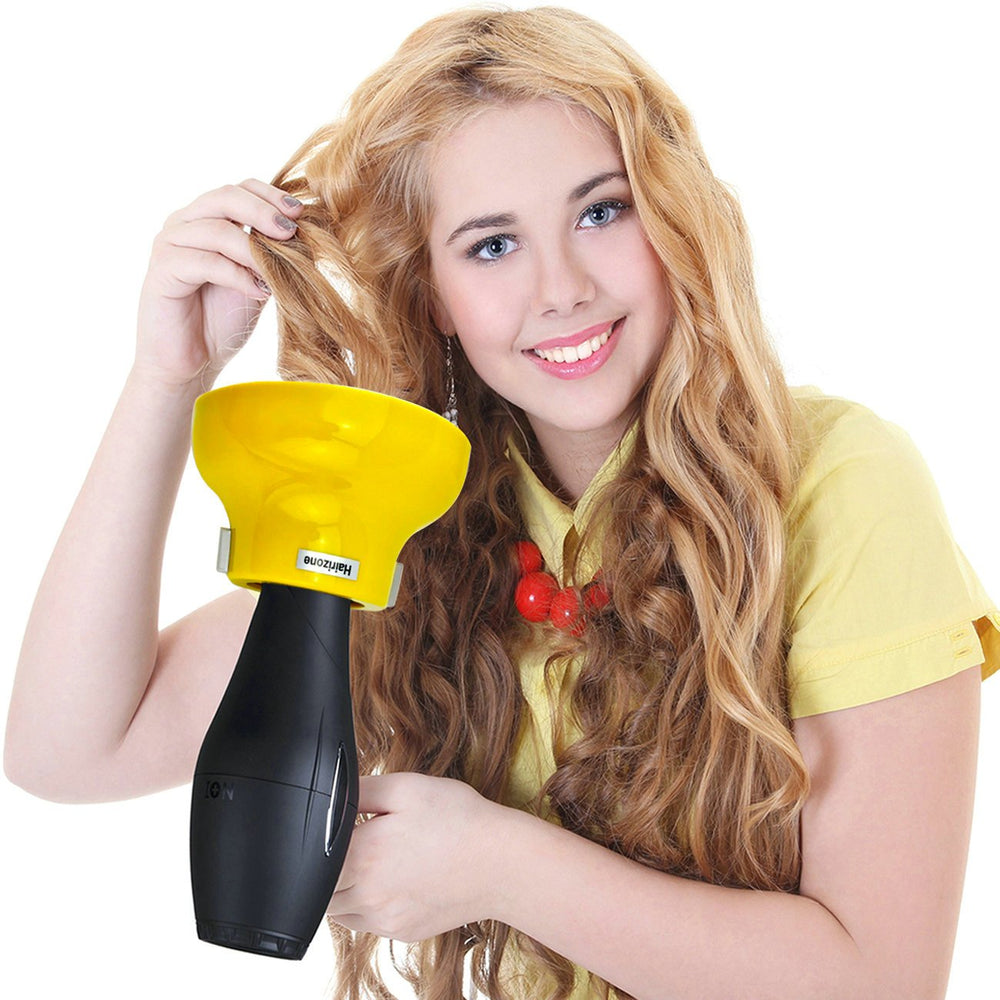 Hairizone diffuser in use on curly hair improving curl definition and reducing frizz