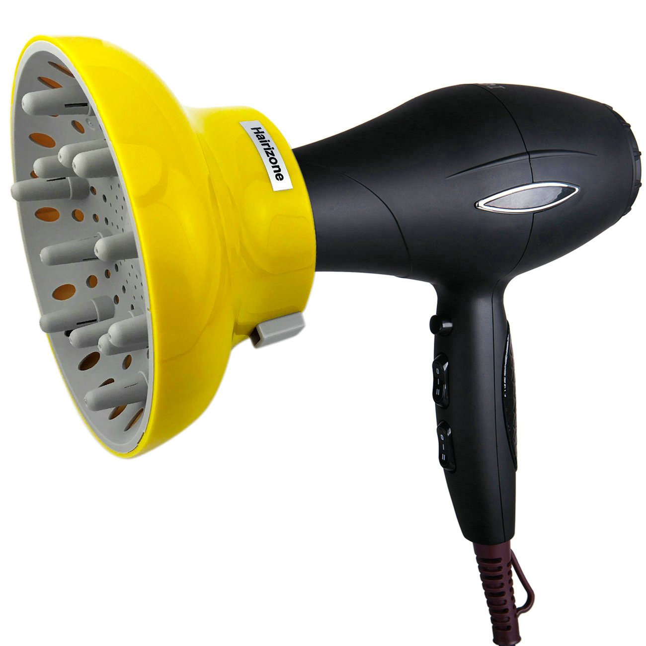 Hairizone diffuser mounted on a hair dryer demonstrating universal compatibility