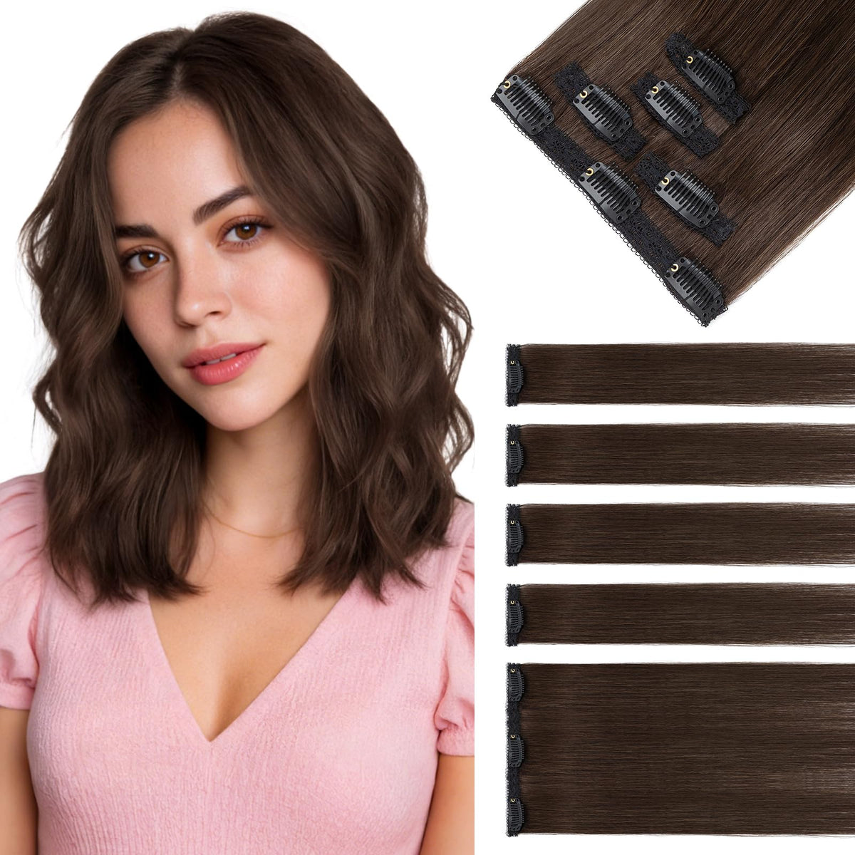 Hairro front packaging showing 5PCS clip-in set and color #2R dark brown for easy selection