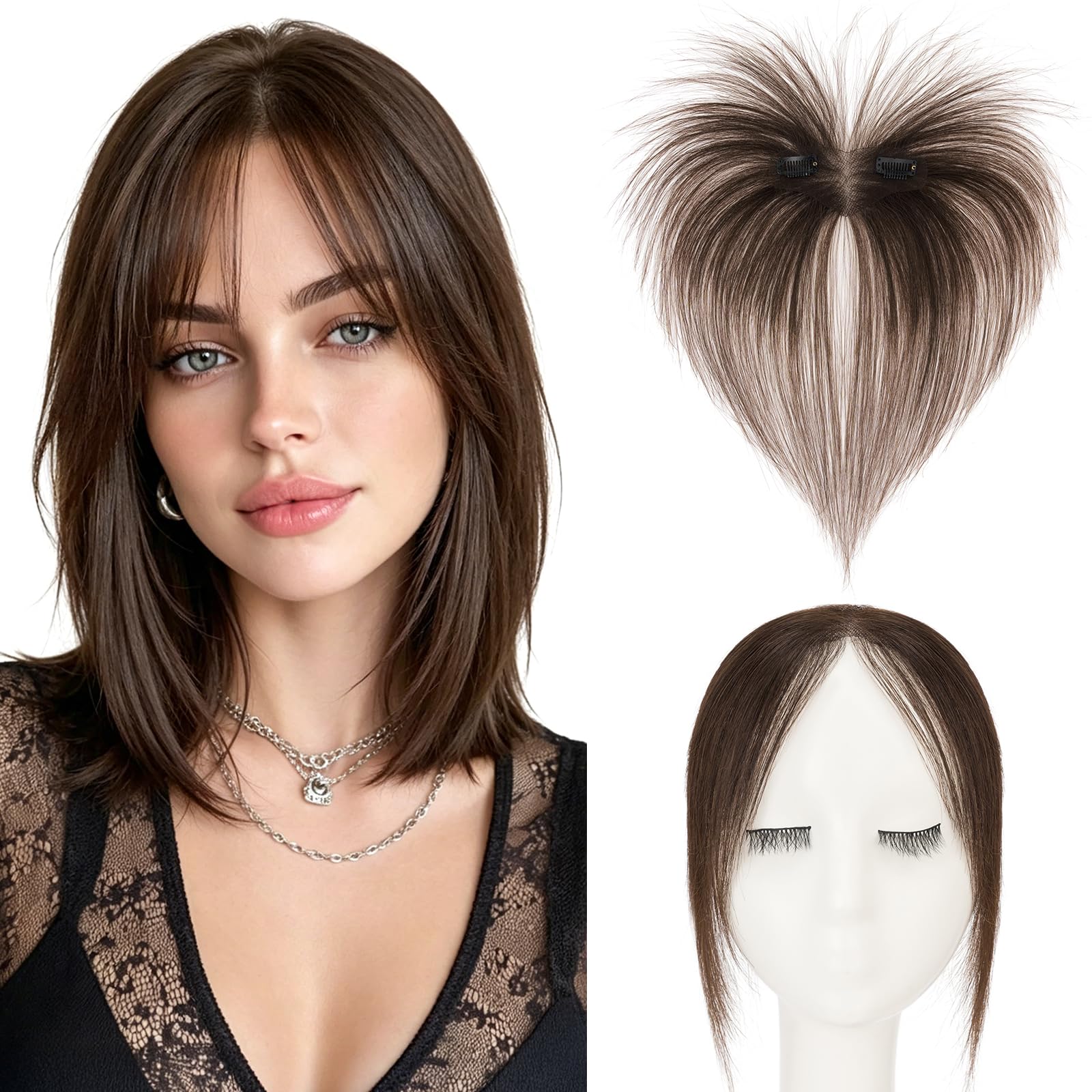 Hairro front view clip-in bangs showing natural fringe and easy styling benefit