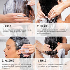 Applying Hairstory New Wash to wet hair for thorough cleansing and conditioning