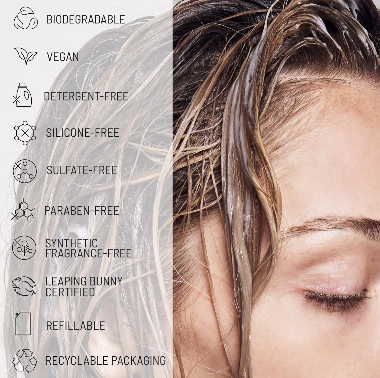 Hairstory label close-up highlighting clean ingredients and color-safe benefit