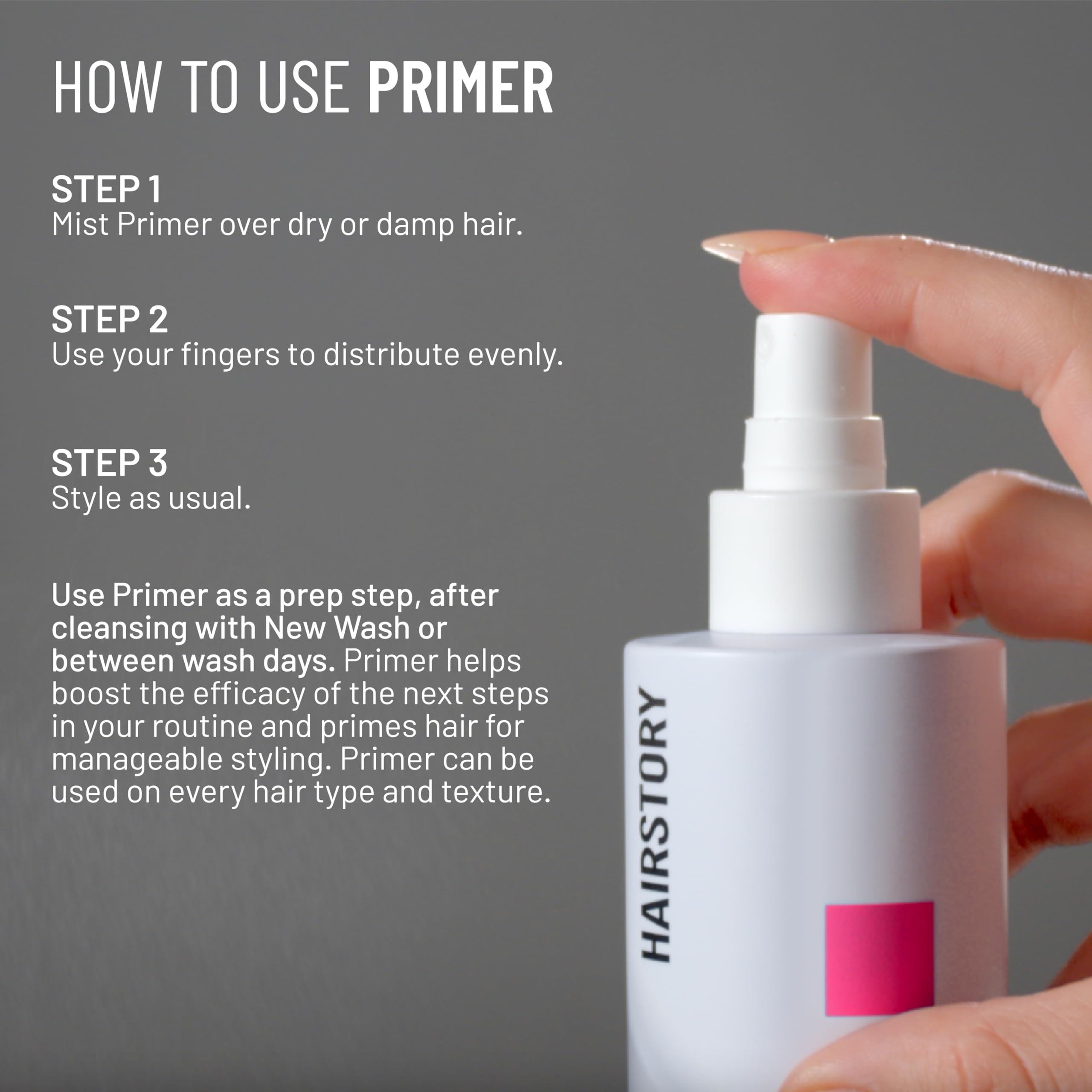 Hairstory Primer label close-up highlighting ingredients and benefits