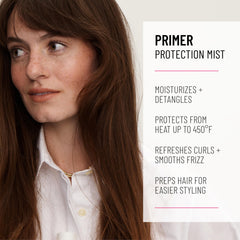 Hairstory Primer mist spraying over hair for even protection benefit