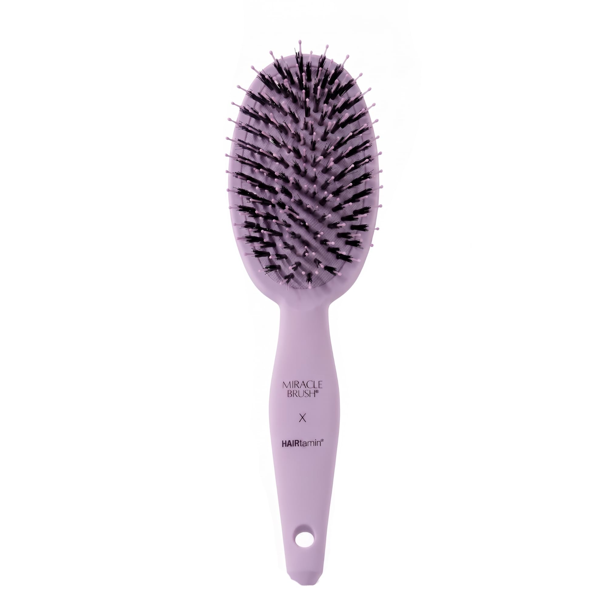 HAIRtamin lilac paddle brush front view showing smooth finish and gentle detangling