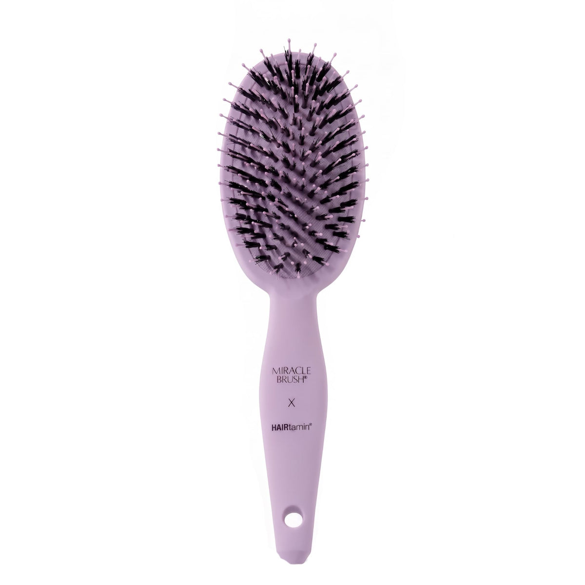 HAIRtamin lilac paddle brush front view showing smooth finish and gentle detangling