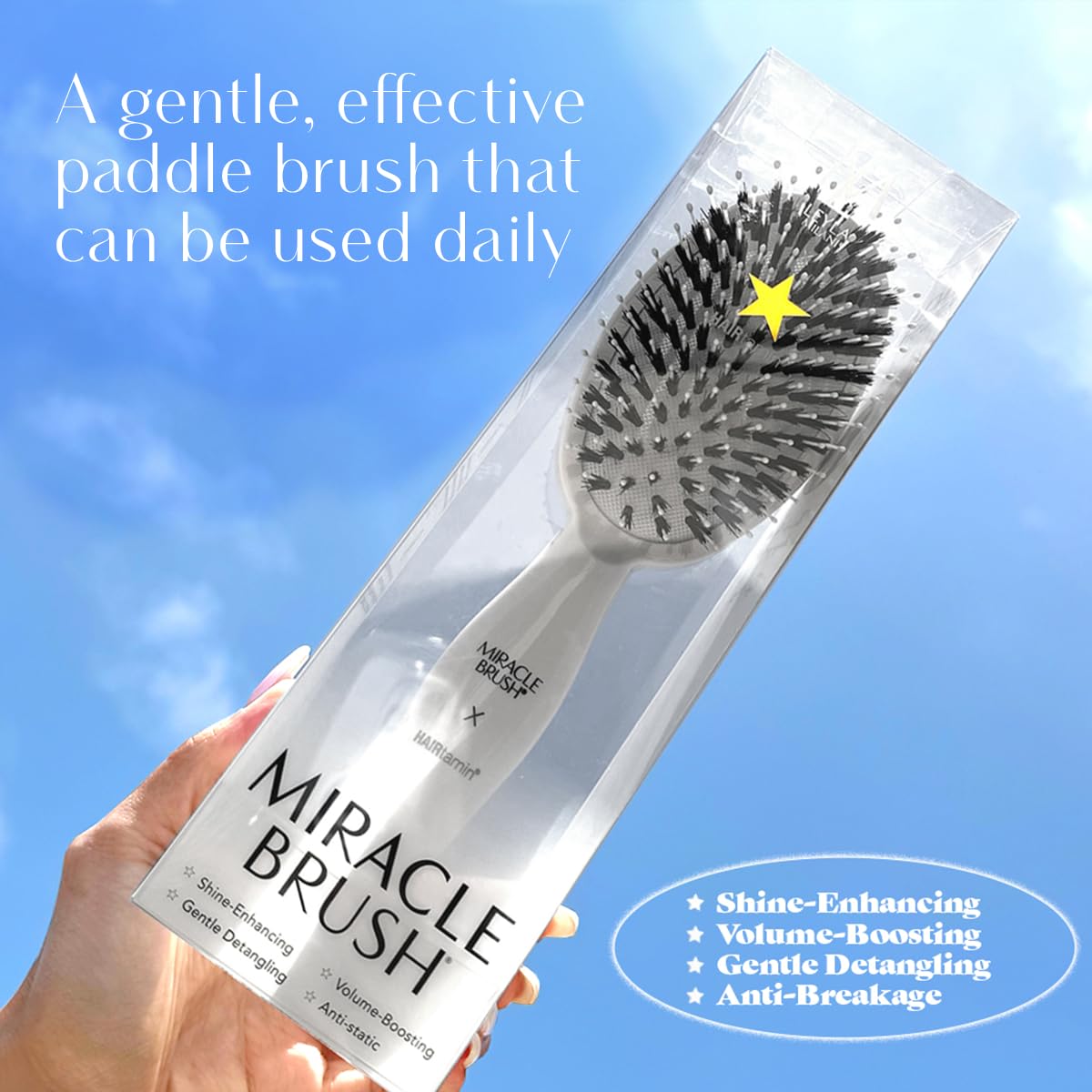 HAIRtamin size comparison in hand demonstrating compact, travel-friendly benefit