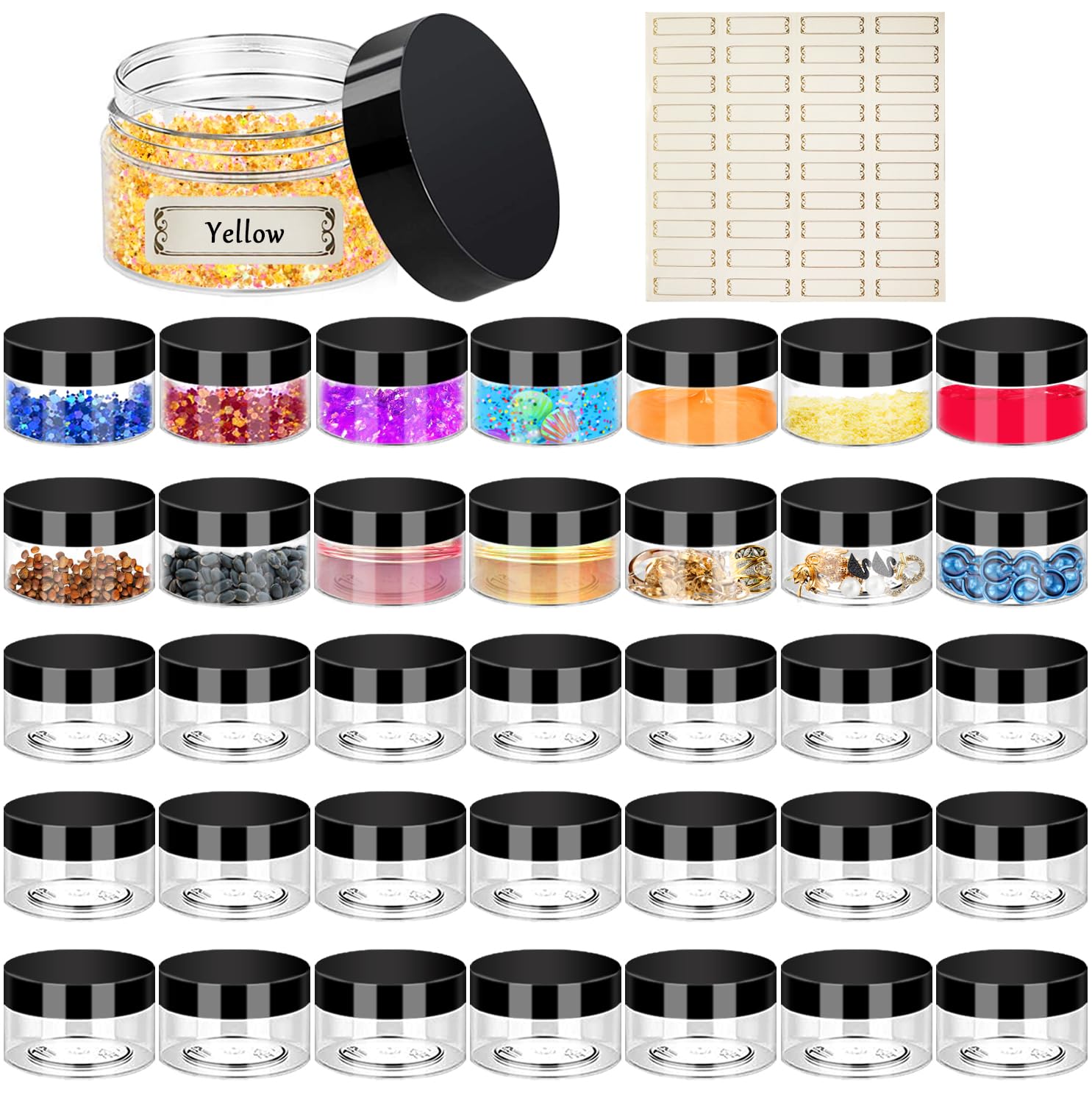Hajoyful front view of 36 clear jars showing compact, portable storage benefit
