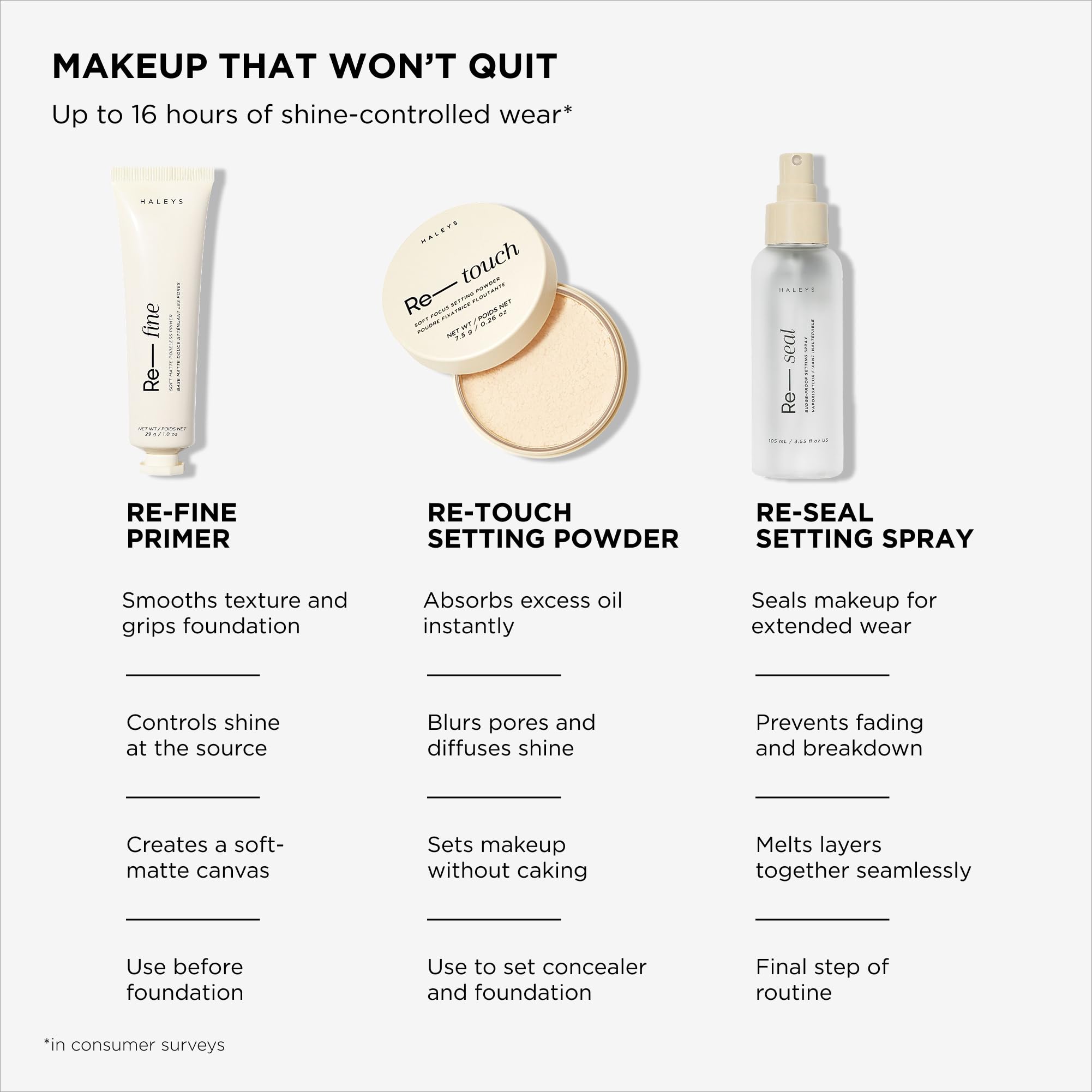 HALEYS flatlay with foundation and tools illustrating layered makeup benefit