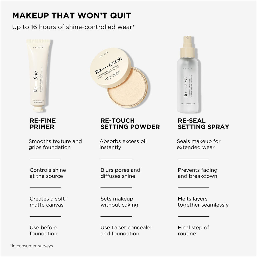 HALEYS flatlay with foundation and tools illustrating layered makeup benefit