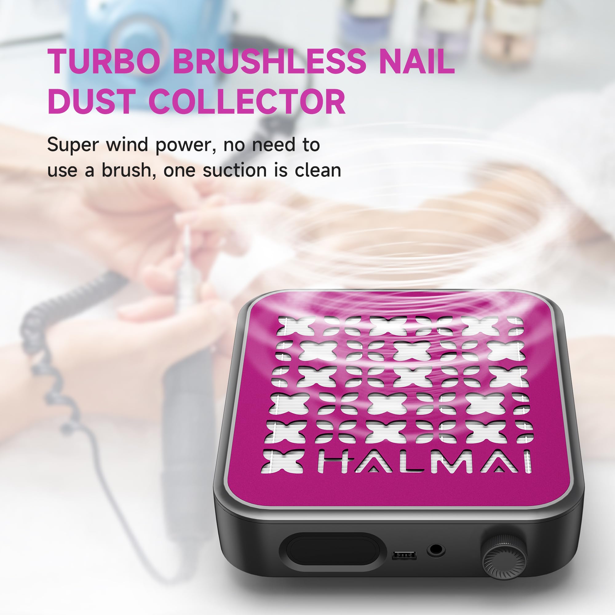 HALMAI in use at salon station capturing dust during nail filing