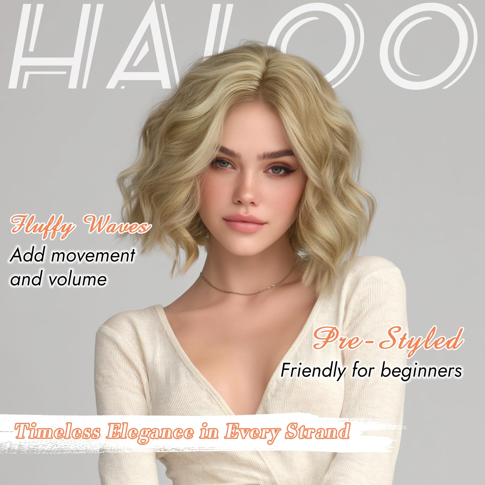Haloo wig held in hand to show 11-inch length and scale for easy styling
