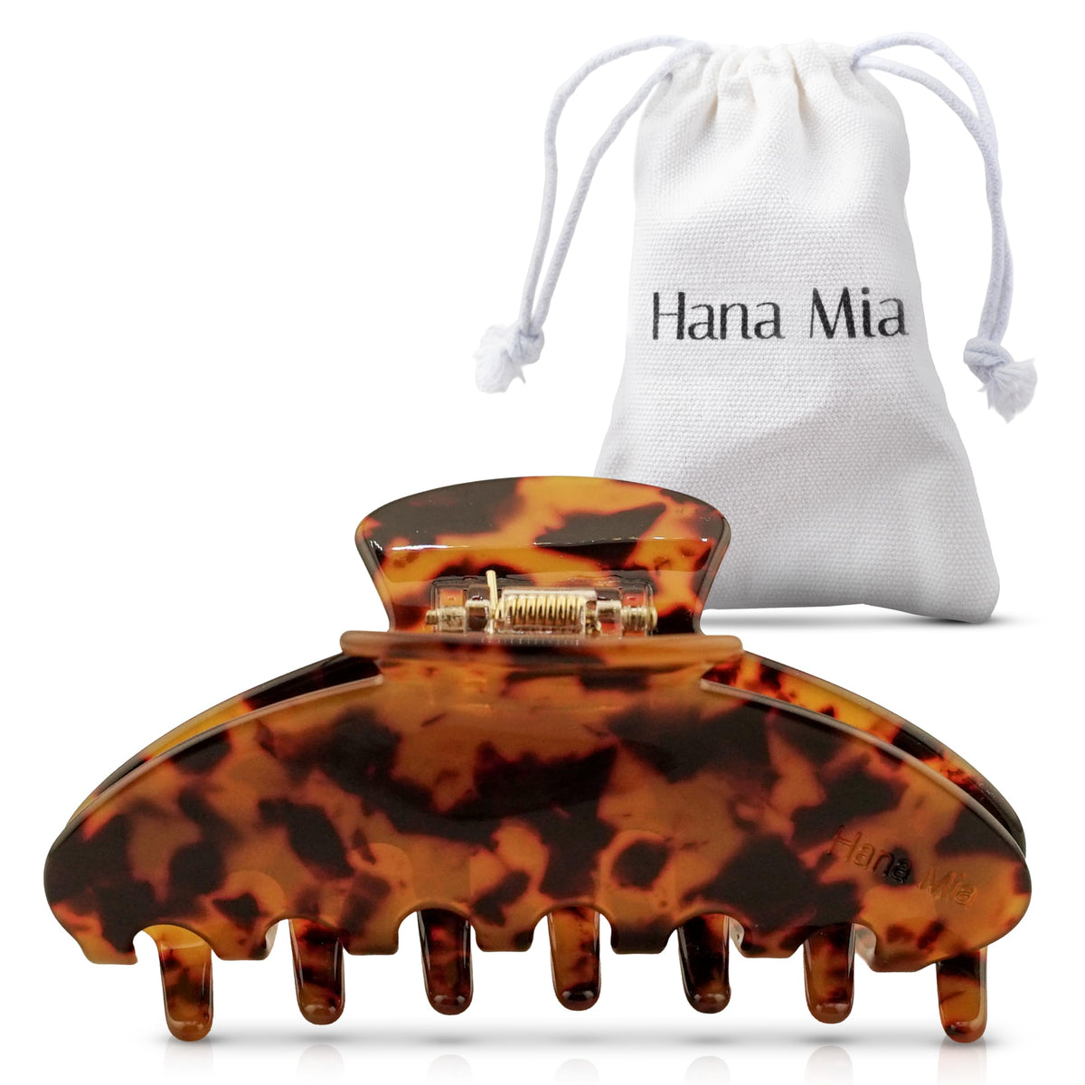 Hana Mia tortoiseshell clip front view showing glossy finish and style benefit