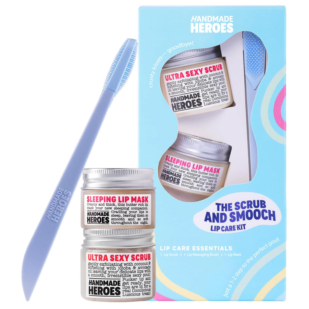 Handmade Heroes front packaging showing the coconut lip scrub and mask set, conveys natural care