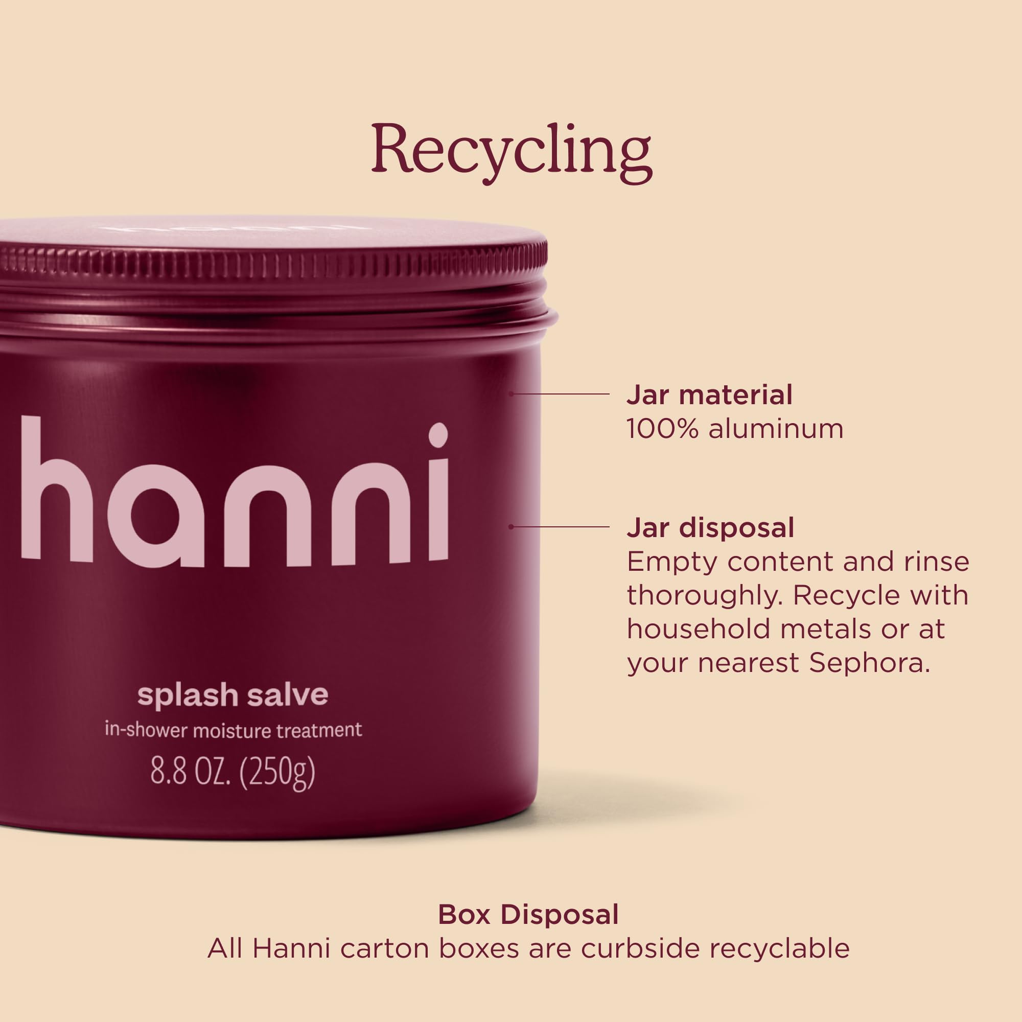 HANNI Splash Salve next to a hand to show 250 mL size and portability
