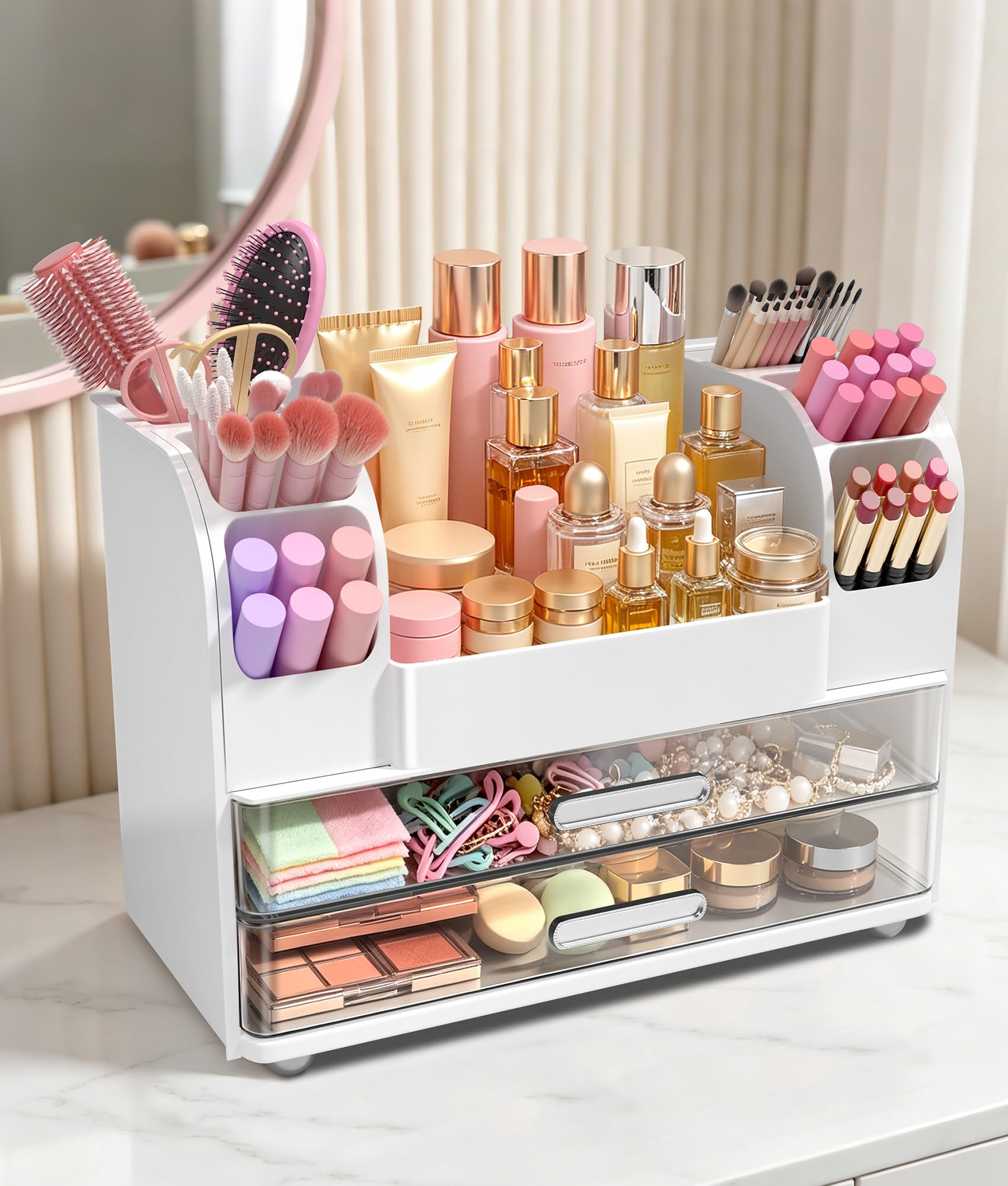 Hanyi front view showing stacked drawers and brush holders for neat storage