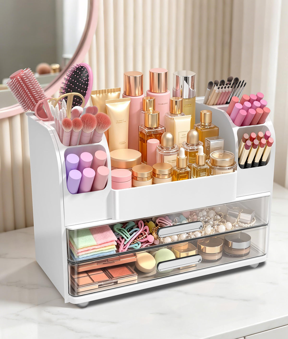 Hanyi front view showing stacked drawers and brush holders for neat storage