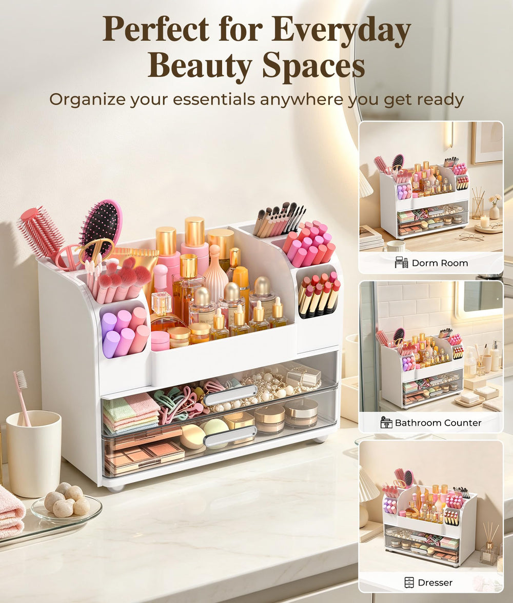 Hanyi on a styled vanity demonstrating organized beauty essentials