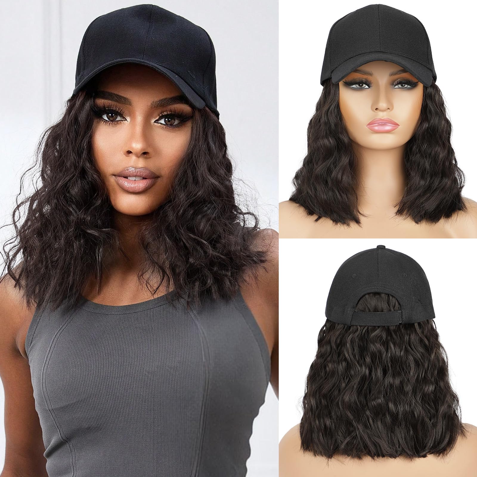 HANYUDIE front view hat wig showing full curly waves and instant style benefit