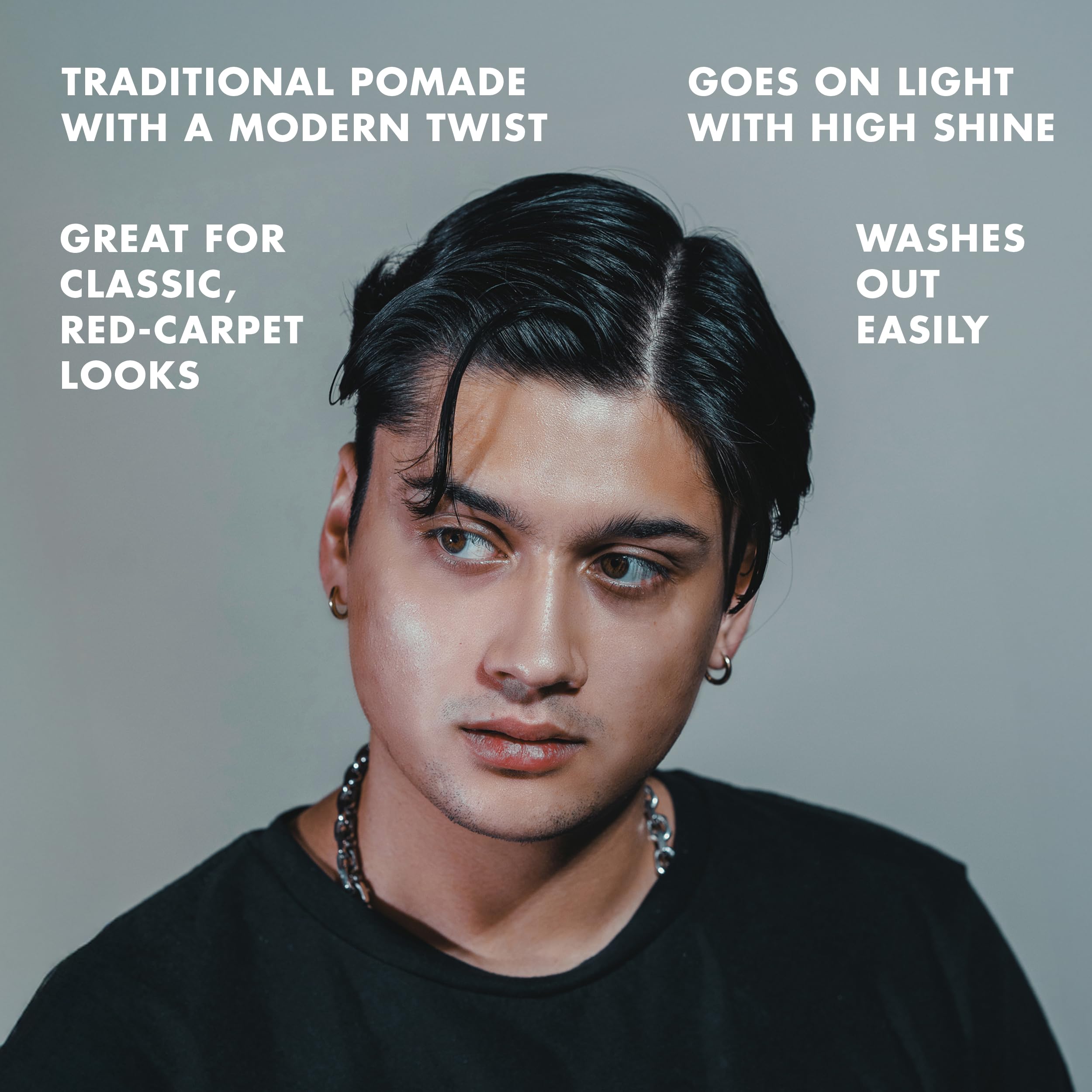 Model with slick-back hairstyle styled using Hanz de Fuko for sleek finish
