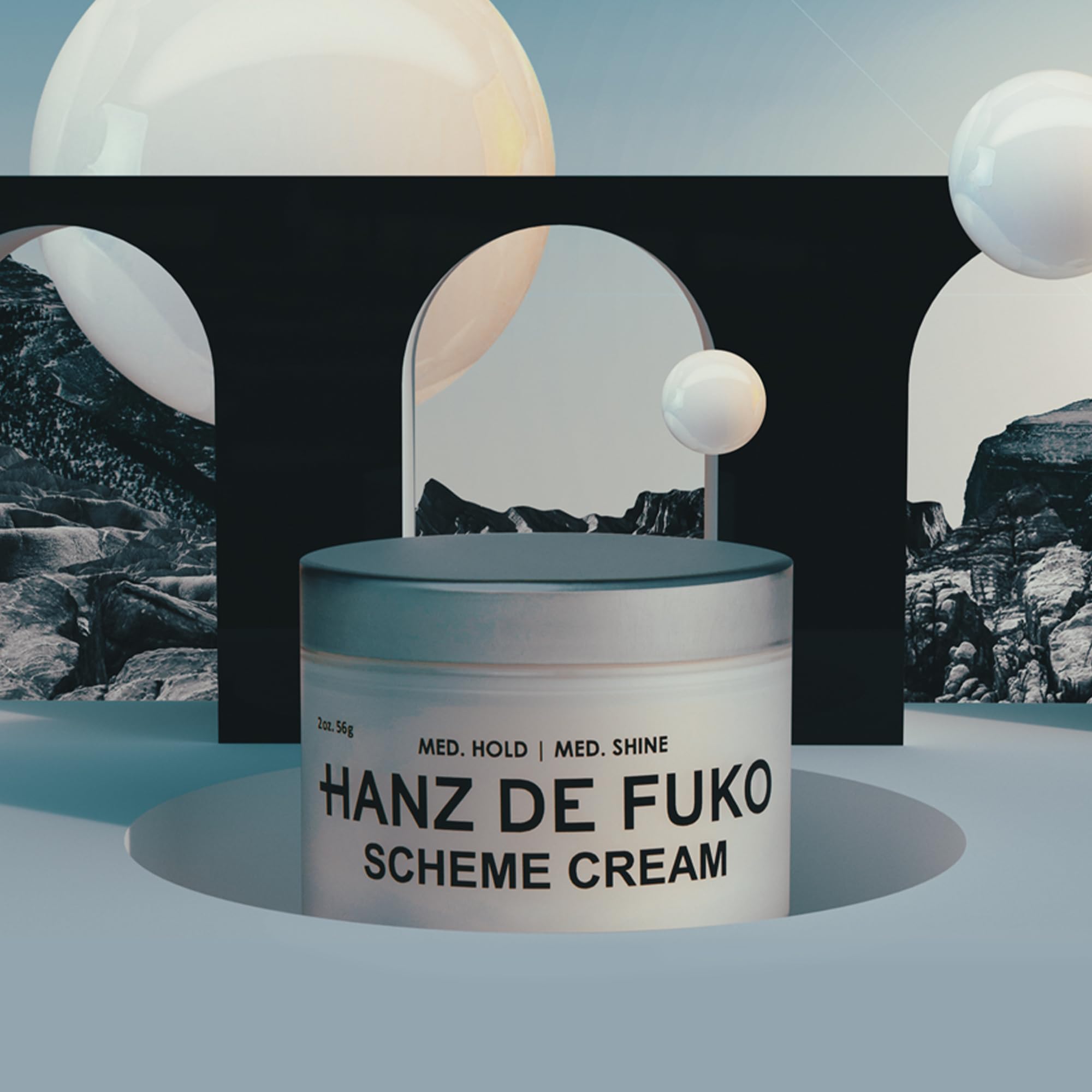 Hanz de Fuko Scheme Cream next to travel essentials illustrating compact 2 oz convenience