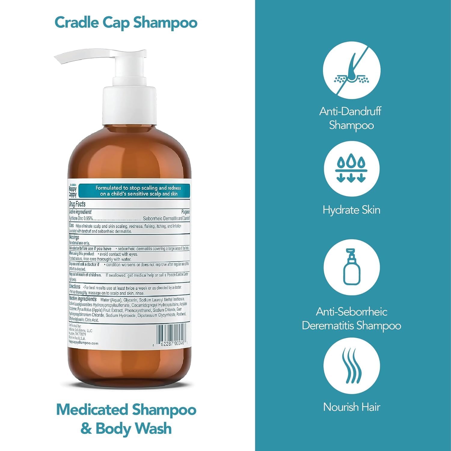 Happy Cappy active ingredient label featuring pyrithione zinc for flake reduction