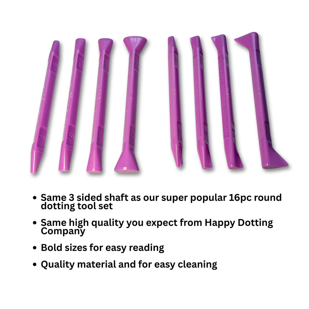 Happy Dotting Company close-up of engraved tip sizes for accurate selection benefit