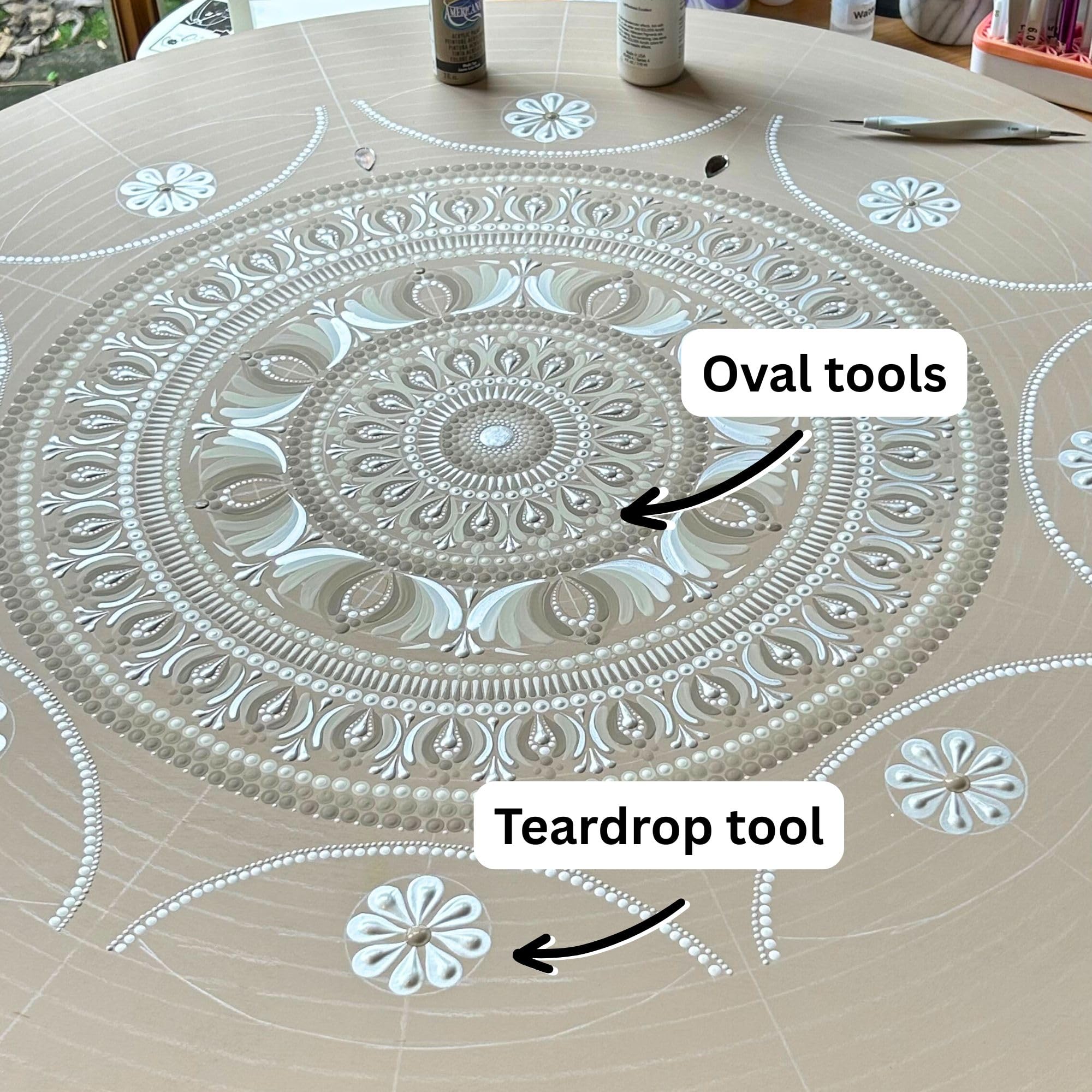 Happy Dotting Company tools in use on mandala canvas producing elongated petals