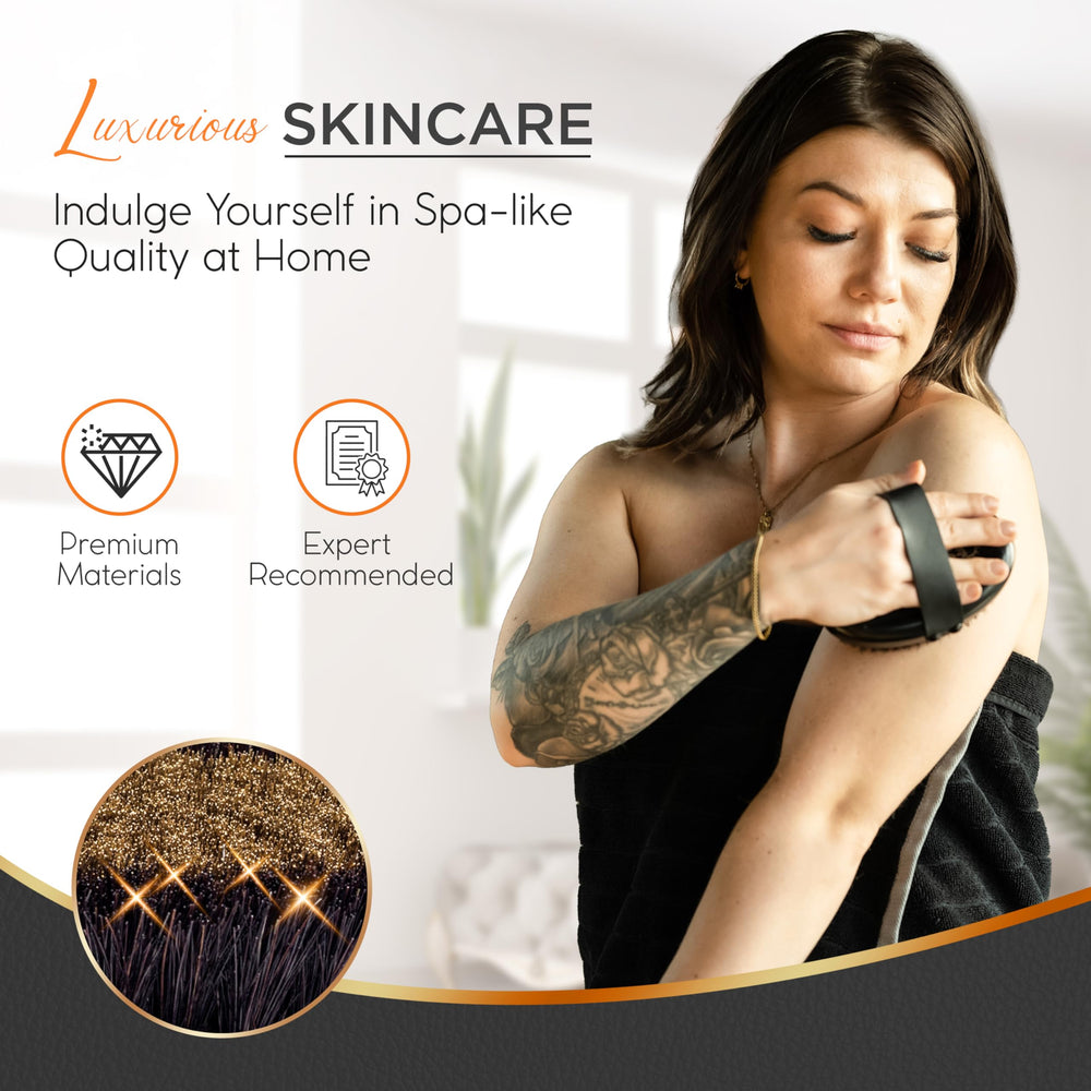 Happy Sol brush being used on legs showing upward strokes to aid circulation and smooth skin
