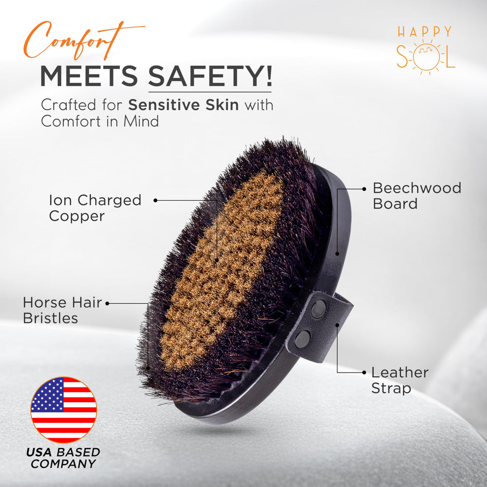 Happy Sol close-up of ion-charged copper bristles showing firm texture for effective exfoliation