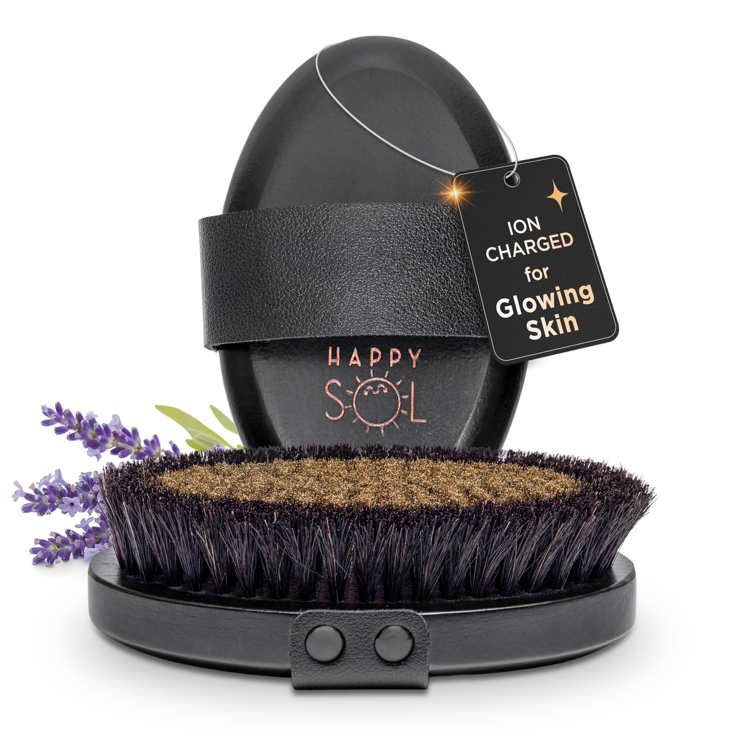 Happy Sol front view of copper body brush showing design and grip for improved routine