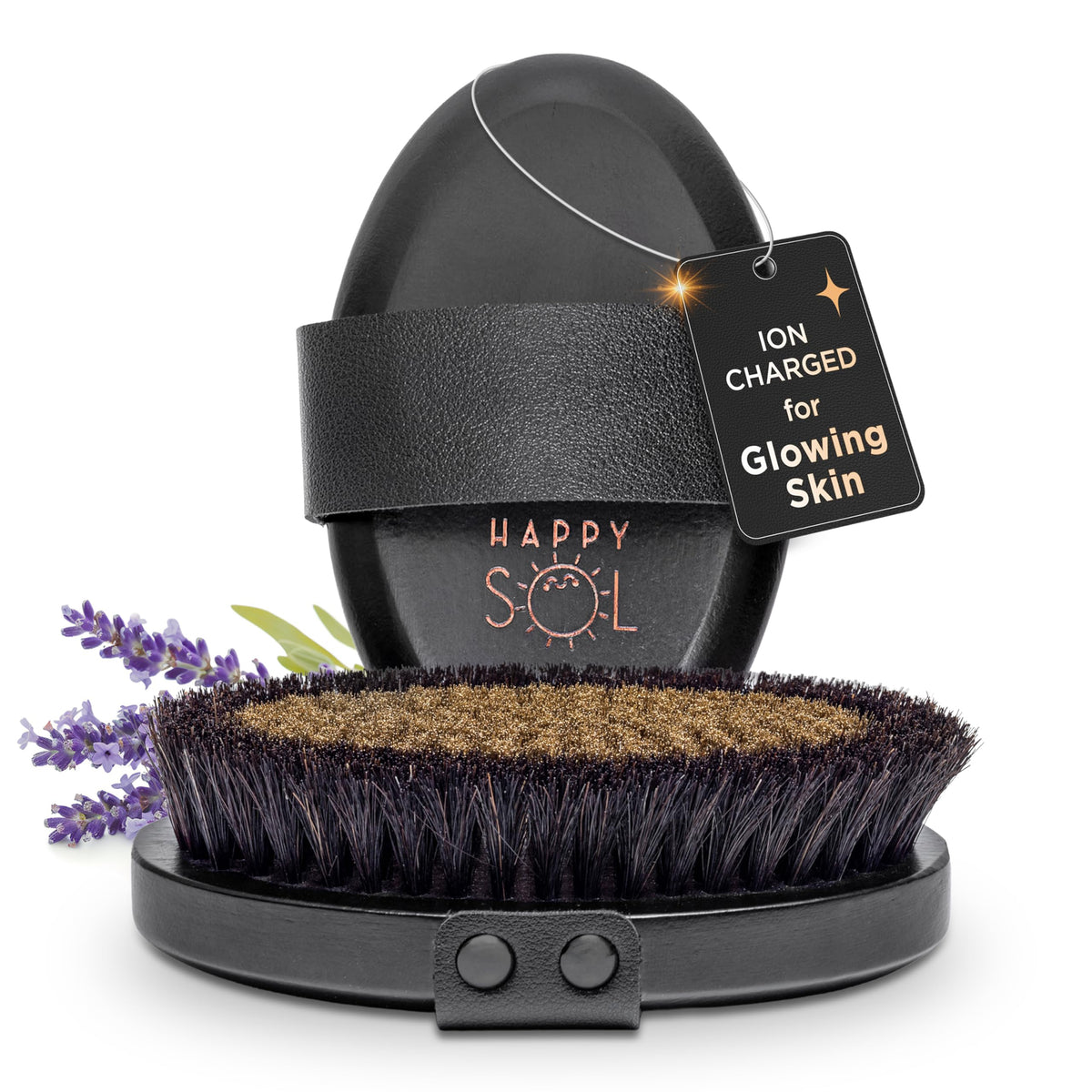 Happy Sol front view of copper body brush showing design and grip for improved routine