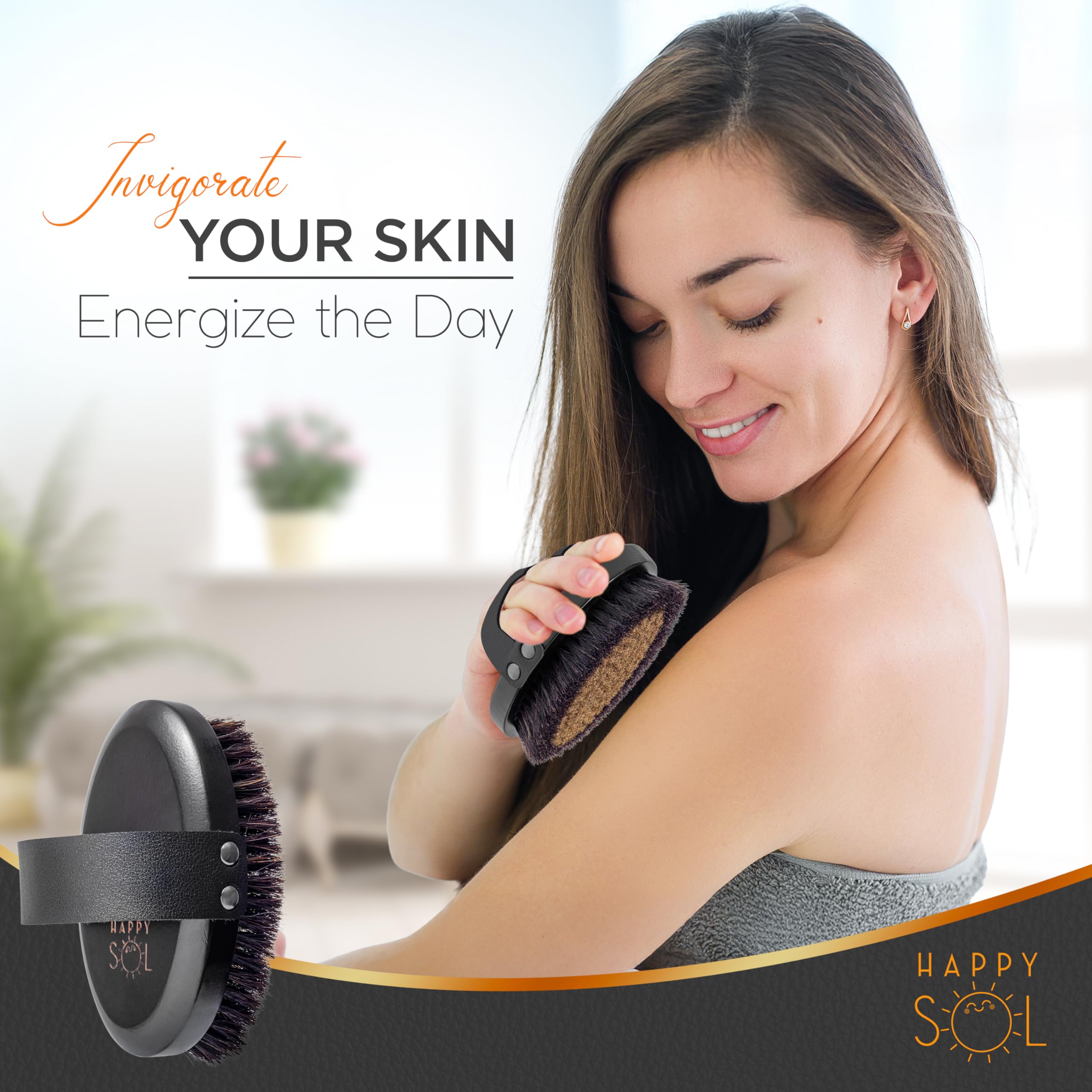 Happy Sol brush beside a hand to show scale and portability for travel-friendly self-care