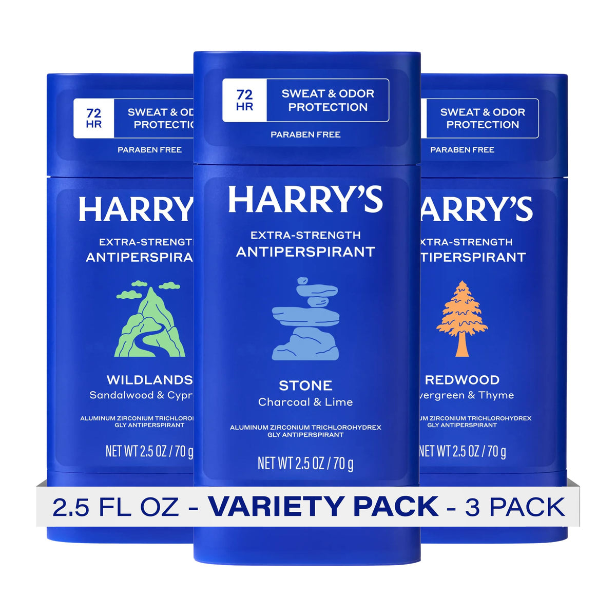 Harry's three-pack front packaging shows the variety and convenience