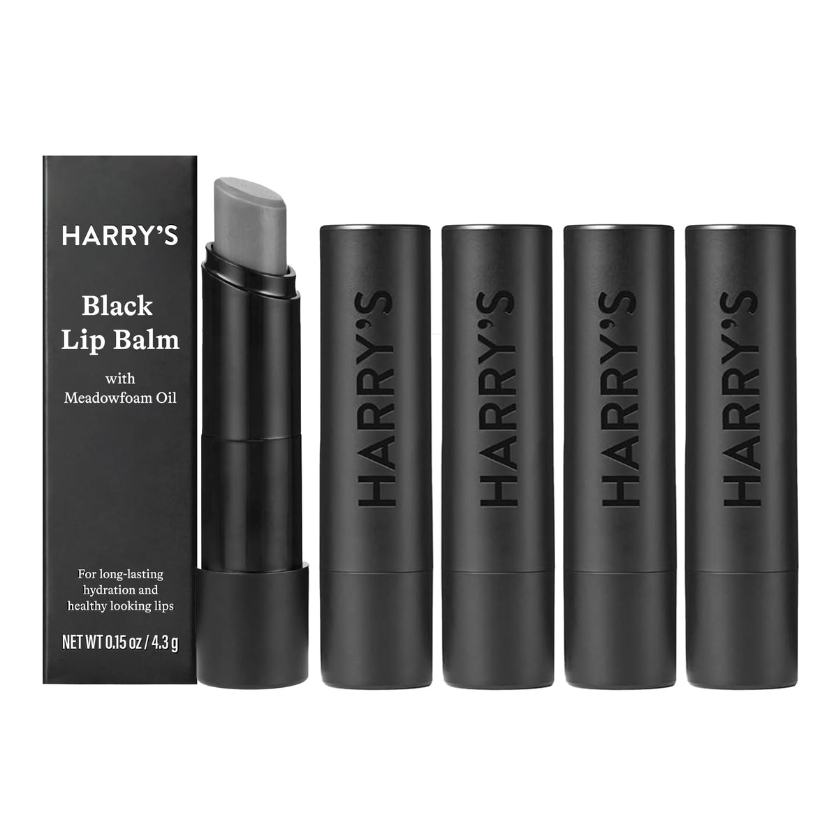 Harry's front packaging showing five sleek black balm tubes and modern design benefit: professional look