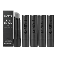 Harry's front packaging showing five sleek black balm tubes and modern design benefit: professional look