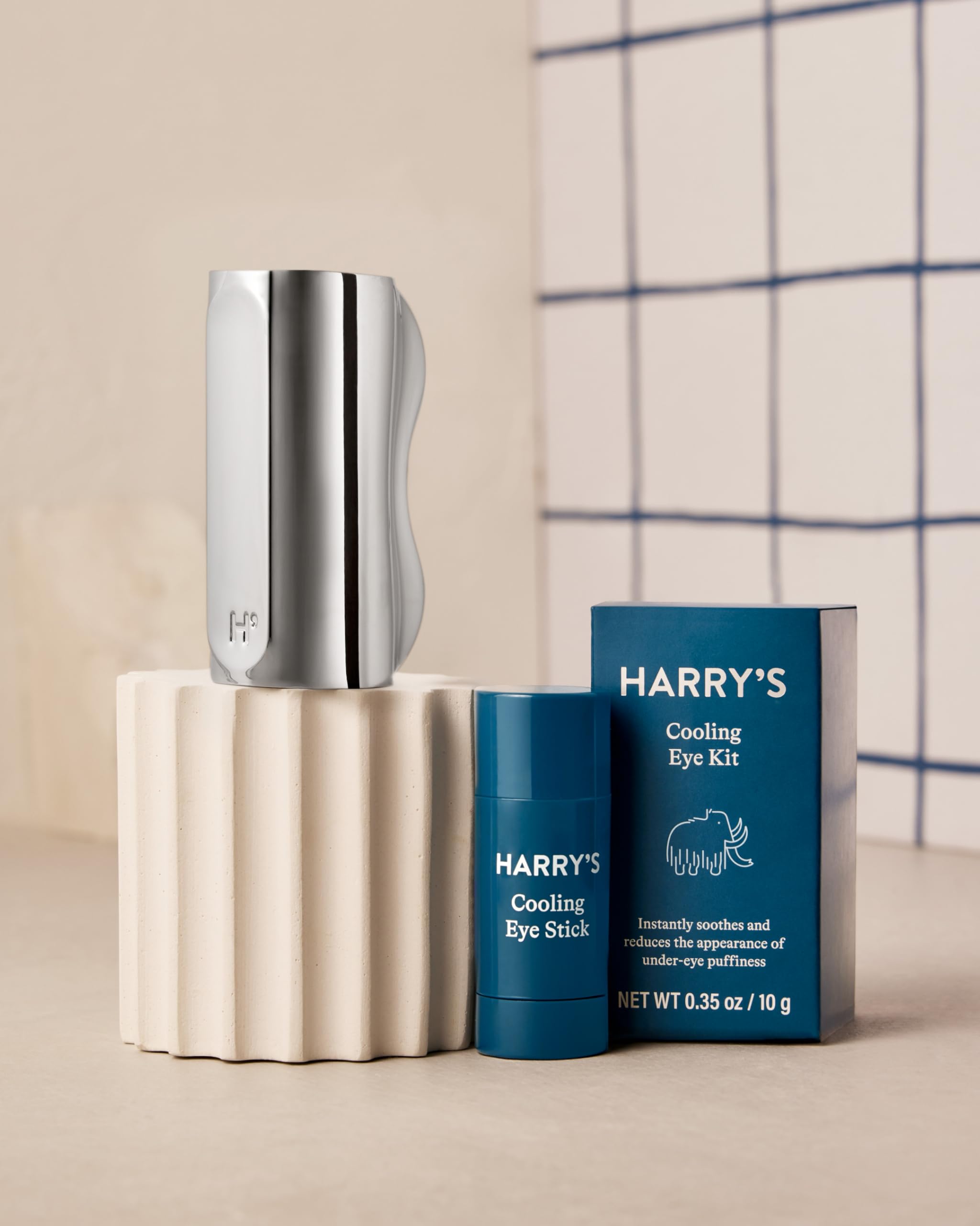 Harry's Cooling Eye Kit flatlay with cleansing and moisturizing routine items