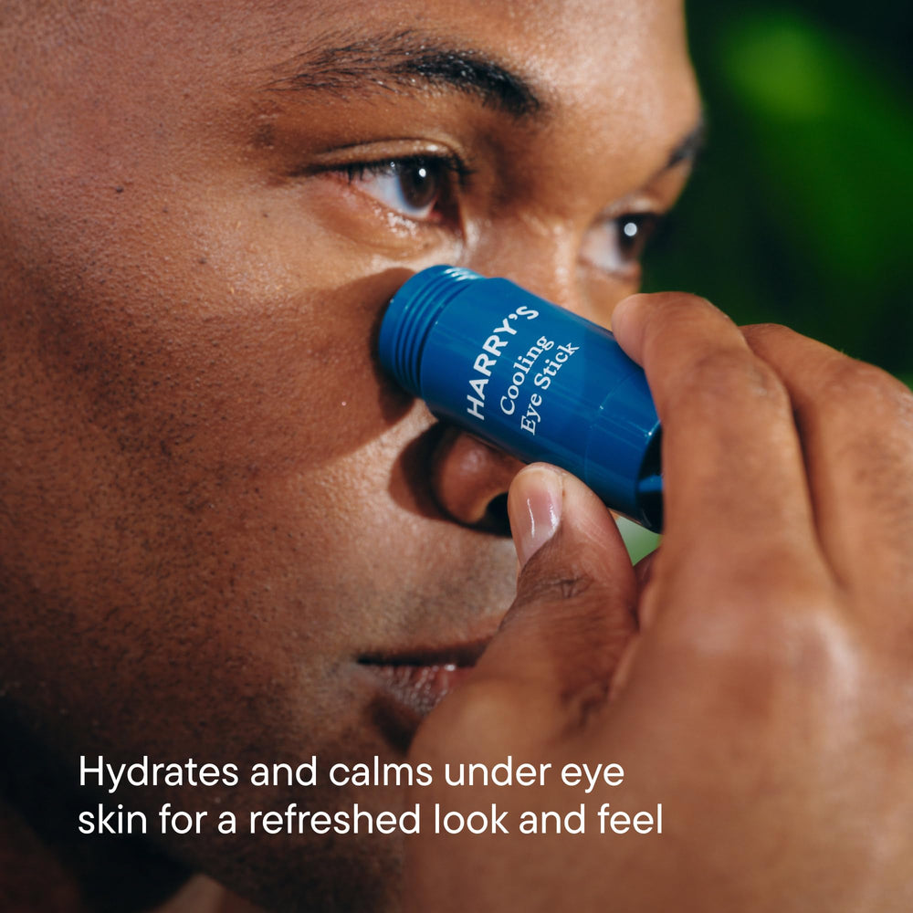 Harry's cooling eye stick close-up of smooth balm texture demonstrating melt-on contact hydration